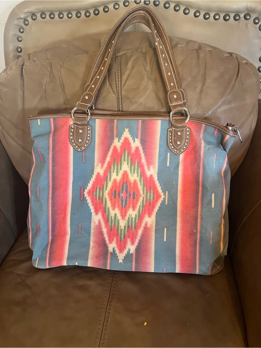 Montana West Aztec Pattern Tote in Blue, Red and Tan